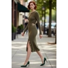 Kadın Uzun Kollu Haki Triko Elbise A line Fitilli Dokusuyla Gündüz Gece Şıklığı Kaliteli Şık