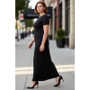 Kadın Vücuda Oturan Esnek Örme Maxi Elbise Siyah Düz Bisiklet Yaka Kısa Kollu İlkbahar Sonbahar