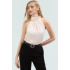 Kadın Yazlık Bluz Halter Yaka Pilise Dokuma Regular Kalıp Polyester Kumaş