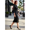 Kadınlar İçin Bodycon Kesim Polo Yaka Uzun Kollu Siyah Örme Midi Elbise Tam Fermuarlı Kaliteli