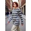 Kadınlar İçin Çizgili Triko Bisiklet Yaka Düşük Kol Regular Kalıp Kışlık Tesettür Kazak Rahatlık