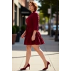 Kadınlar İçin Konforlu A line Bordo Dokuma Dokulu V Yaka Mini Elbise İlkbahar Ve Sonbahar.