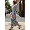 Kadınlara Özel Uzun Kollu Maxi Boy Çizgili Örme Shift Kalıp Düğmeli Dik Yaka Elbise Rahatlık