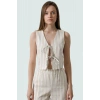 Keten Görünümlü Çizgili Crop Bluz V Yaka Kolsuz Rahat Uzun Ömürlü Trend Tasarım