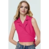 Keten Görünümlü Crop Bluz Ceket Yaka Kalın Askılı Yazlık Rahat Kullanım