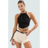 Keten Karışımlı Kolsuz Plaj Bluz Hakim Yaka Aksesuarlı Yazlık Modern Stil Uzun Ömürlü