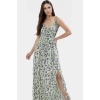 Leopar Desenli Kolsuz Viskoz Maxi Elbise A Line Kesim Yırtmaç Detay Zarifane Tasarım Modern Stil