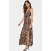 Leopar Desenli Kolsuz Viskoz Maxi Elbise A Line Kesim Yırtmaç Detay Zarifane Tasarım Modern Stil