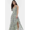 Leopar Desenli Kolsuz Viskoz Maxi Elbise A Line Kesim Yırtmaç Detay Zarifane Tasarım Modern Stil