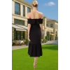 Midi Boy Carmen Yaka Fiyonklu A Kesim Abiye Elbise Polyester Elastan Profesyonel Görünüm
