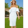 Midi Boy Carmen Yaka Kemerli Abiye Elbise Dokuma Polyester Kumaştan Zarifane Tasarım Trend Tasarım