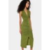 Midi Boy V Yaka Büzgü Detaylı Elbise Esnek Örme Kumaş Bodycon Kalıp 120 cm Uzunluk Premium Kalite