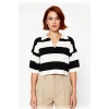 Modern Kadın Siyah Çizgili Crop Triko Polo Yaka Düşük Kol Basic İlkbahar Sonbahar Şıklığı Kaliteli