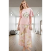 Örme Pamuklu Pijama Takımı Çiçek Desenli Bisiklet Yaka Rahat Kalıp Şık Görünüm