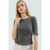 Pamuklu Polyester Elastan Karışımlı Fitted Bluz Bisiklet Yaka Kısa Kollu Yıkamalı