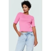 Pamuklu Polyester Elastan Karışımlı Fitted Bluz Bisiklet Yaka Kısa Kollu Yıkamalı