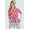 Pamuklu Polyester Elastan Karışımlı Fitted Bluz Bisiklet Yaka Kısa Kollu Yıkamalı