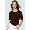 Pamuklu Polyester Elastan Karışımlı Fitted Bluz Bisiklet Yaka Kısa Kollu Yıkamalı