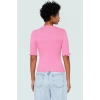 Pamuklu Polyester Elastan Karışımlı Fitted Bluz Bisiklet Yaka Kısa Kollu Yıkamalı