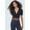 Polyester Örme Bluz Crop V Yaka Balon Kol Fitted Kalıp Özel Tasarım Rahat Ve Şık
