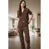 Rahat %100 Pamuklu Leopar Pijama Takımı Kısa Kollu Gömlek ve Boru Paça Pantolon Zarifane Tasarım