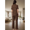 Rahat %100 Pamuklu Leopar Pijama Takımı Kısa Kollu Gömlek ve Boru Paça Pantolon Zarifane Tasarım