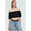 Rahat Crop Bluz Örme Polyester Kumaş Carmen Yaka Zarifane Tasarım Kullanım Ve Şık