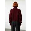 Rahat Kadın Oversize Bordo Balıkçı Yaka Uzun Kollu Fitilli Crop Triko Akrilik Kazak Kaliteli