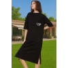 Rahat Kesim Bisiklet Yaka Nakışlı Midi Örme Elbise Dayanıklı Malzeme Trend Tasarım Rahat Kullanım