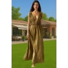 Rahat Keten Maxi Elbise Büzgü Detaylı Yazlık Plaj Giysisi Modern Stil Trend Tasarım