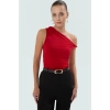 Rahat ve Şık Asimetrik Yaka Örme Bluz Polyester Elastan Karışımı Modern Stil Dayanıklı Malzeme