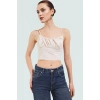 Rahat ve Şık Crop Bluz Keten Görünümlü Dokuma İnce Askılı Yazlık Uzun Ömürlü Trend Tasarım