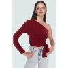 Rahat ve Şık Örme Crop Bluz Tek Kol Uzun Kollu Asimetrik Yaka Özenle Seçilmiş