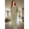 Rahat ve Şık Waffle Pijama Takımı Pamuklu V Yaka Uzun Kollu Yüksek Kalite