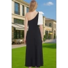 Renk Bloklu Fiyonklu Tek Omuzlu Abiye Elbise Polyester Elastan Yazlık Elbise Kaliteli İşçilik