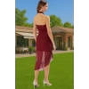 Şık Aksesuarlı Midi Örme Abiye Elbise Tül Astarlı Polyester Yazlık Yüksek Kalite Uzun Ömürlü