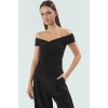 Şık Carmen Yaka Kısa Kollu Örme Bluz Rahat Yazlık Günlük Modern Stil Zarifane Tasarım