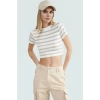 Şık Çizgili Viskoz Crop Bluz Yazlık Rahat Fitted Kalıp Uzun Ömürlü Seçkin Malzeme Trend Tasarım