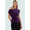 Şık Dökümlü Örme Bluz Asimetrik Yaka Kısa Kol Regular Kalıp Özel Tasarım Modern Stil