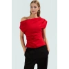 Şık Dökümlü Örme Bluz Asimetrik Yaka Kısa Kol Regular Kalıp Özel Tasarım Modern Stil