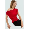 Şık Dökümlü Örme Bluz Asimetrik Yaka Kısa Kol Regular Kalıp Özel Tasarım Modern Stil