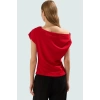 Şık Dökümlü Örme Bluz Asimetrik Yaka Kısa Kol Regular Kalıp Özel Tasarım Modern Stil