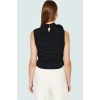 Şık Gece Bluzu Gül Detaylı Crop Örme Bluz Dik Yaka Regular Fit Profesyonel Görünüm