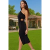 Şık Tek Omuz Midi Abiye Elbise Cut Out Detayı ile Polyester Kumaş Özel Tasarım Özel Tasarım