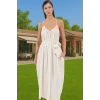Şık V Yaka Maxi Plaj Elbisesi Bel Detayı Ile Viskoz Polyester Karışım Trend Tasarım