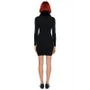 Siyah Kadın Bodycon Triko Mini Elbise Fermuarlı Polo Yaka Uzun Standart Kollu Suni Kürk Detaylı