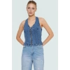 Stretch Denim Bluz Ön Fermuarlı Halter Yaka Regular Günlük Kombinler Özenle Seçilmiş