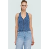Stretch Denim Bluz Ön Fermuarlı Halter Yaka Regular Günlük Kombinler Özenle Seçilmiş