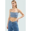 Taş Detaylı Denim Super Crop Bluz Yaz Partileri İçin Trend Tasarım Yüksek Kalite
