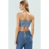 Taş Detaylı Denim Super Crop Bluz Yaz Partileri İçin Trend Tasarım Yüksek Kalite